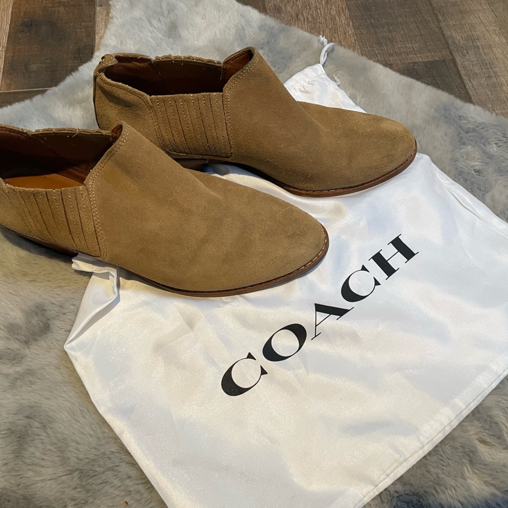 Coach Tan Suede Ankle Booties with Elastic Panel